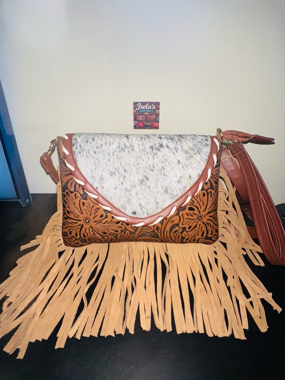 Fringed Tooled Leather Crossbody Bag with Hair-On Cowhide Accent - Brown